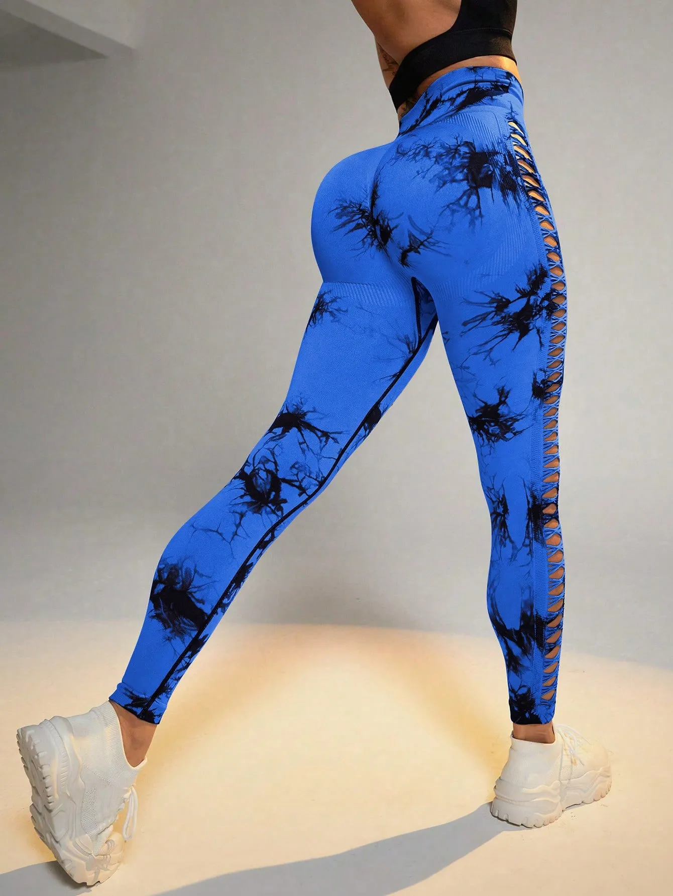 4FunGift® Yoga Trendy Seamless Tie Dye Ladder Cut Out Side Tummy Control Sports Leggings