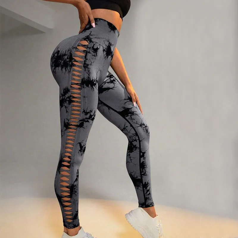 4FunGift® Yoga Trendy Seamless Tie Dye Ladder Cut Out Side Tummy Control Sports Leggings