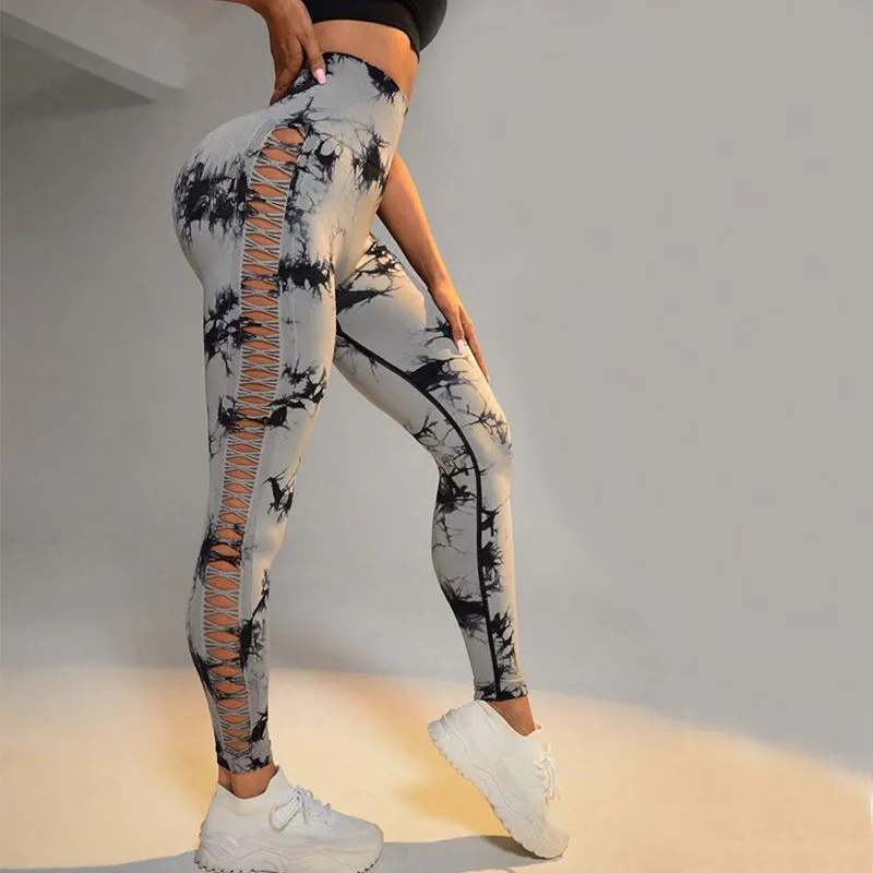 4FunGift® Yoga Trendy Seamless Tie Dye Ladder Cut Out Side Tummy Control Sports Leggings