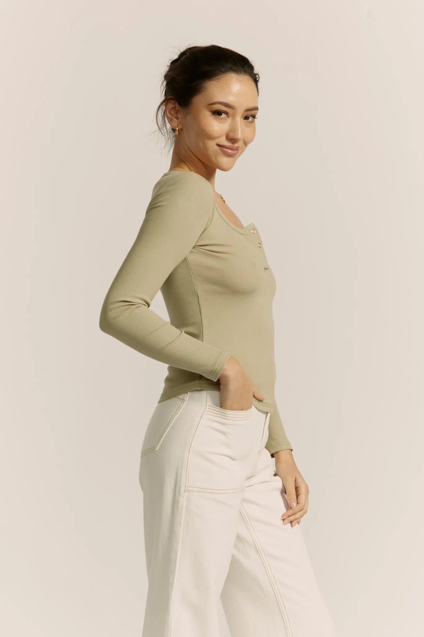 Ada Light Khaki Green Ribbed Long Sleeve Top