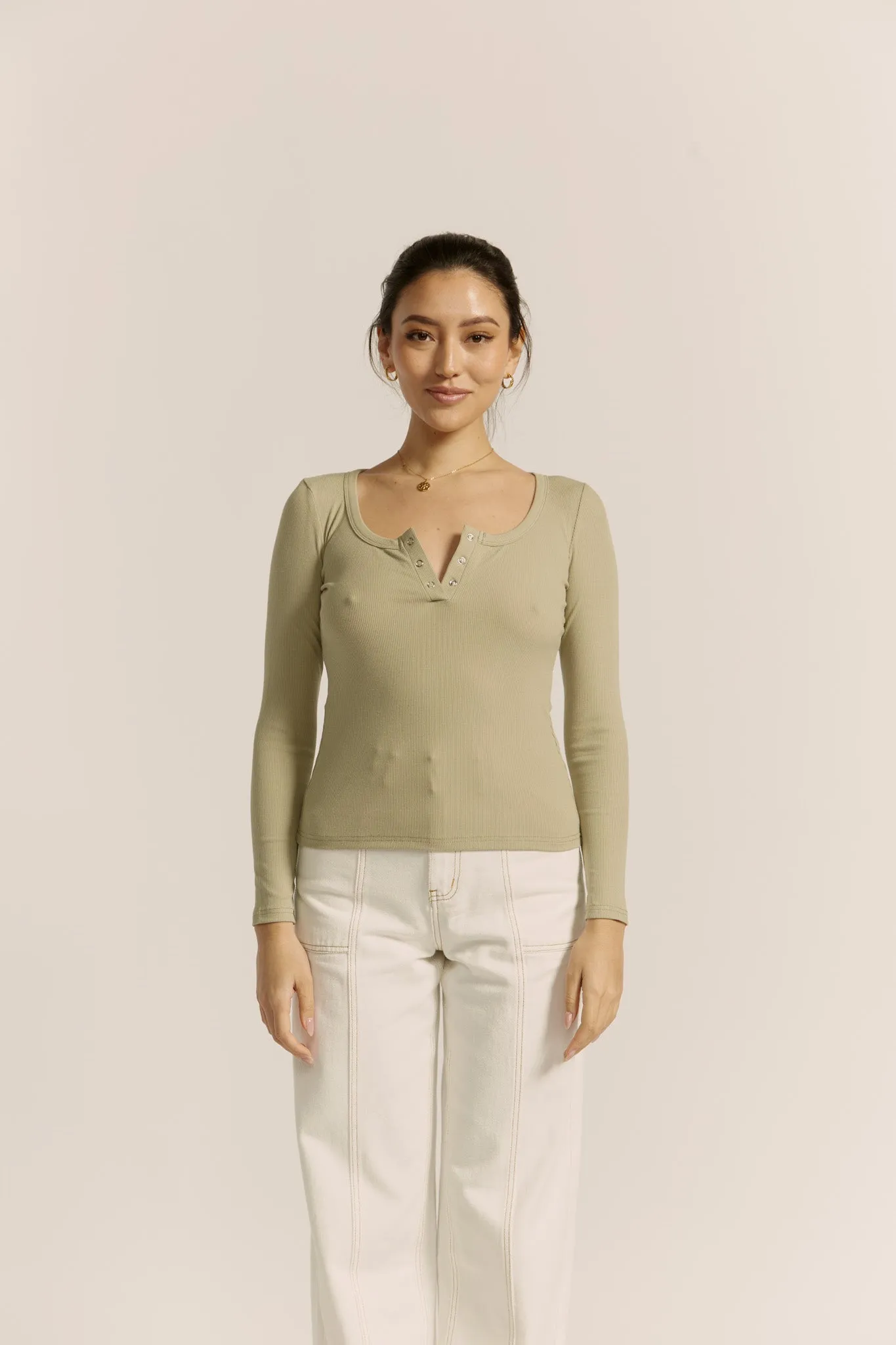 Ada Light Khaki Green Ribbed Long Sleeve Top