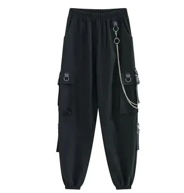 Black Gothic Utility Pants With Silver Chain