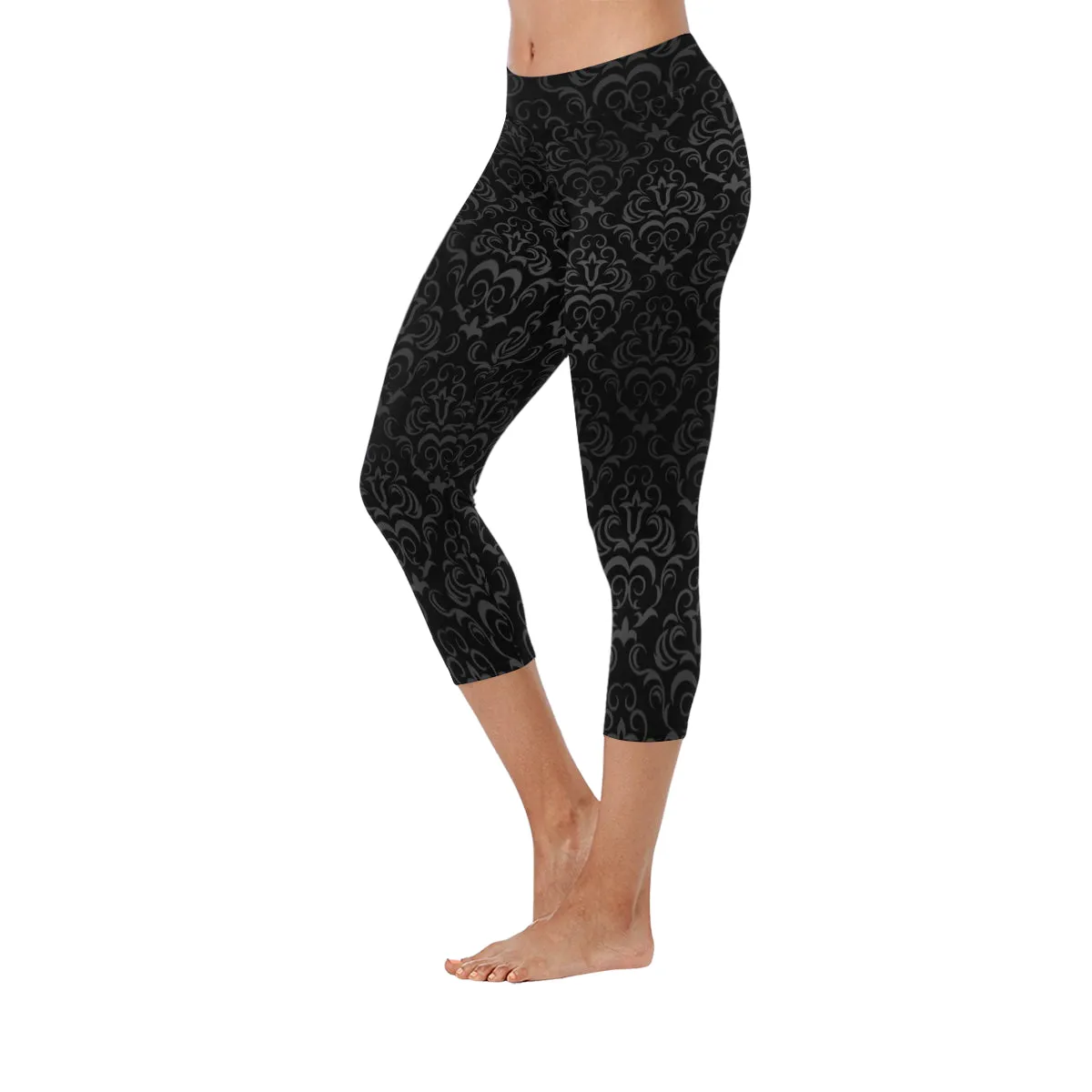 Black Grey Damasks Women's Low Rise Capri Leggings (Invisible Stitch)