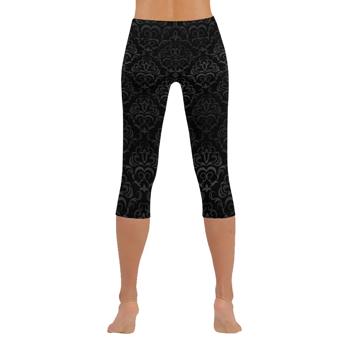 Black Grey Damasks Women's Low Rise Capri Leggings (Invisible Stitch)