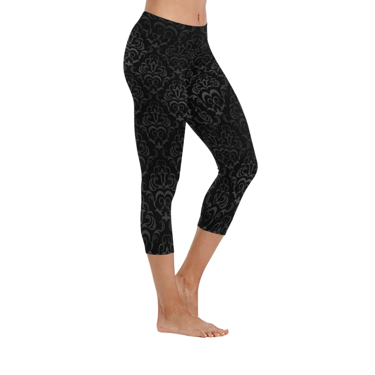 Black Grey Damasks Women's Low Rise Capri Leggings (Invisible Stitch)