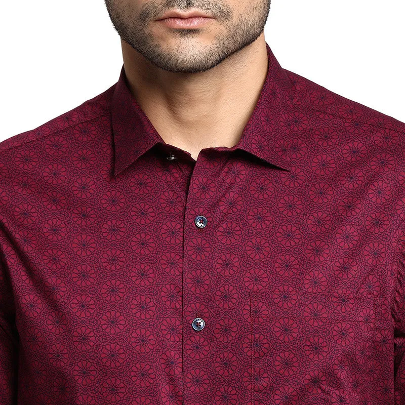 Cotton Maroon Slim Fit Printed Ceremonial Shirt