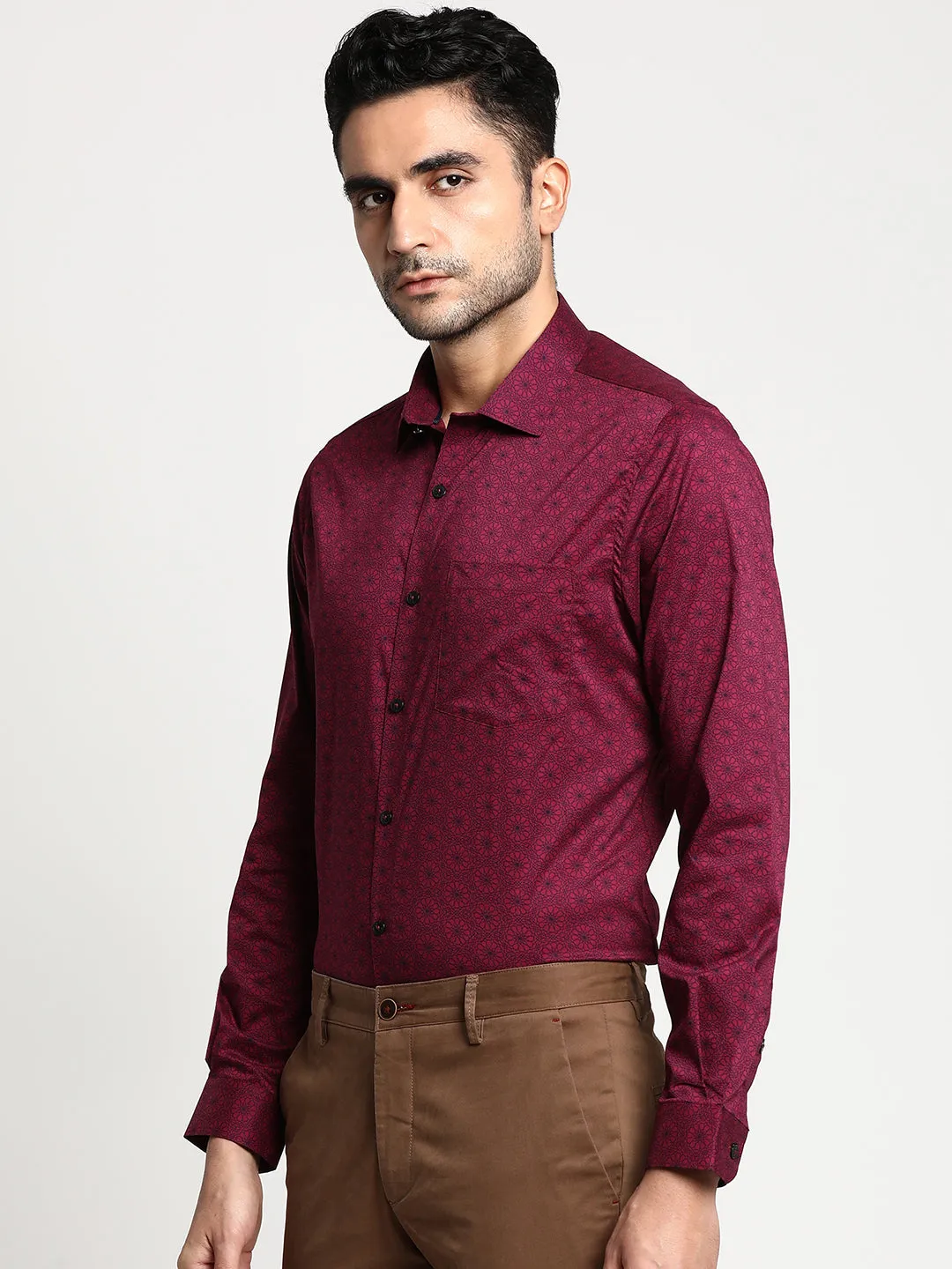 Cotton Maroon Slim Fit Printed Ceremonial Shirt