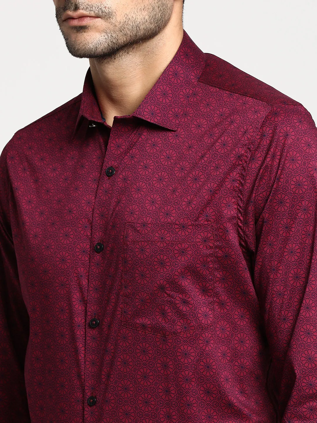 Cotton Maroon Slim Fit Printed Ceremonial Shirt