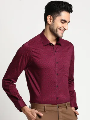 Cotton Maroon Slim Fit Printed Ceremonial Shirt