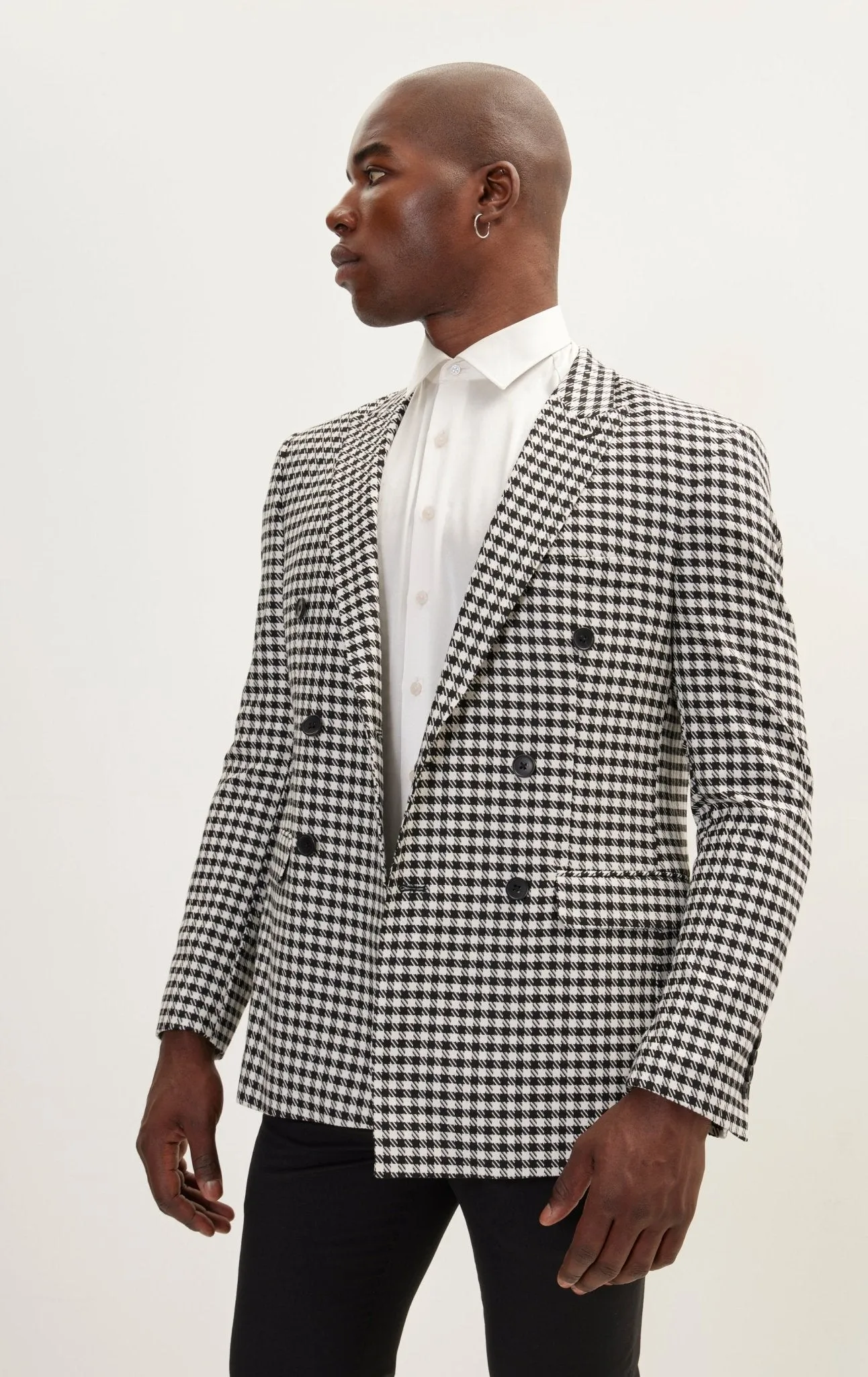 Double-Breasted Houndstooth Suit With Black Pants