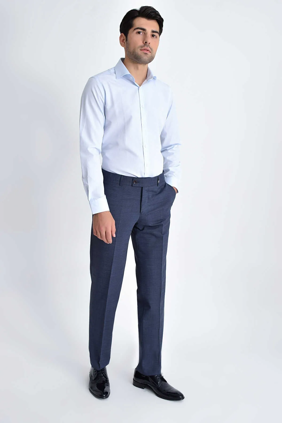 Dynamic Fit Side Pocket Low Waist Unpleated Wool Light Navy Dress Pants, Light Navy K.