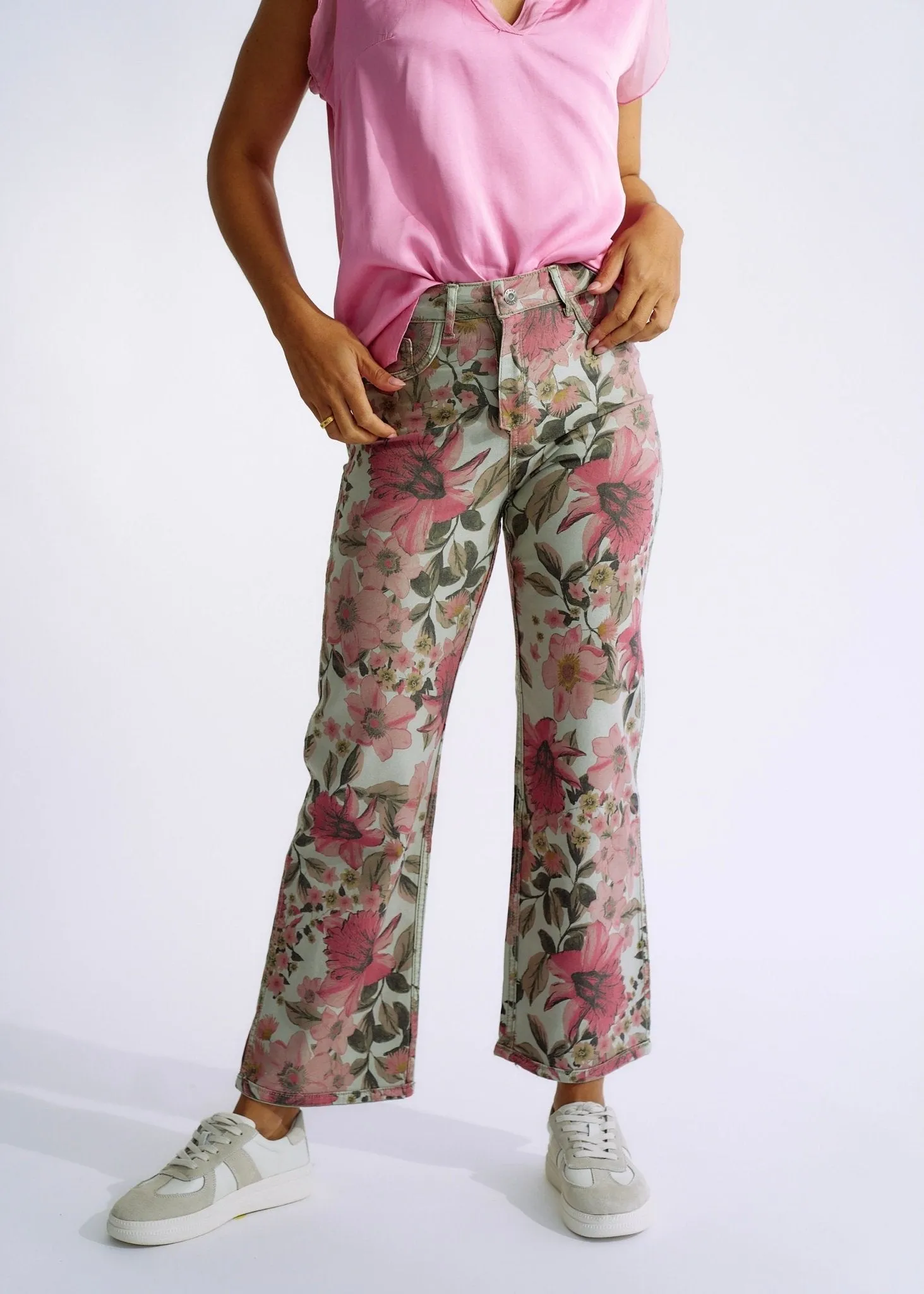 Flared and Cropped Reversible Jeans with Summer Print in Khaki