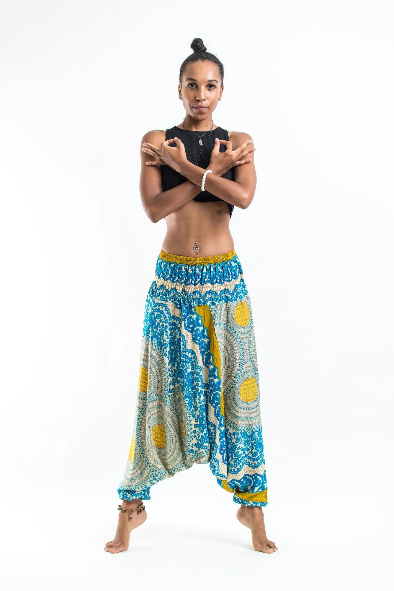 Geometric Mandalas 2-in-1 Jumpsuit Harem Pants in Blue Gold