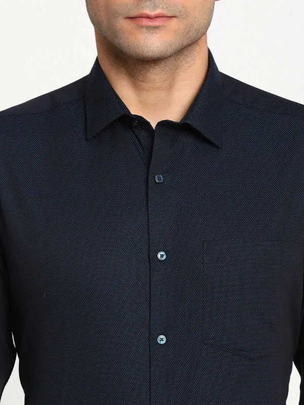 Giza Cotton Navy Blue Slim Fit Self Design Formal Shirts