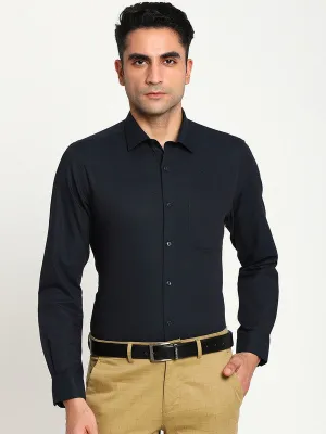 Giza Cotton Navy Blue Slim Fit Self Design Formal Shirts