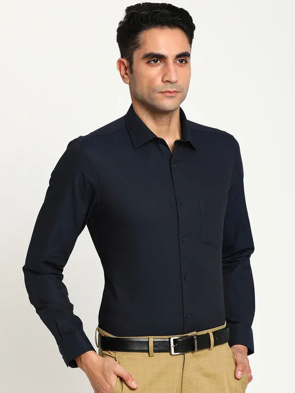 Giza Cotton Navy Blue Slim Fit Self Design Formal Shirts