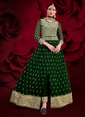 Green Golden Mirror Work Slit Style Anarkali Pant Suit