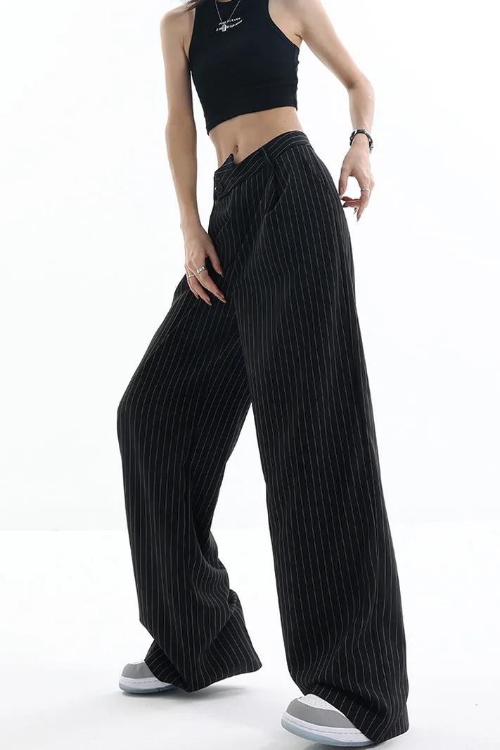 Irregular Stripe Draped Suit Pants & Loose Wide Leg Design