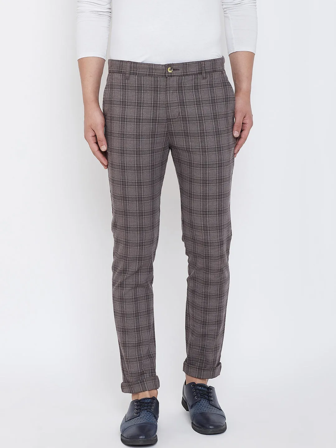 JUMP USA Men Grey Check Slim Fit Cotton Casual Trousers