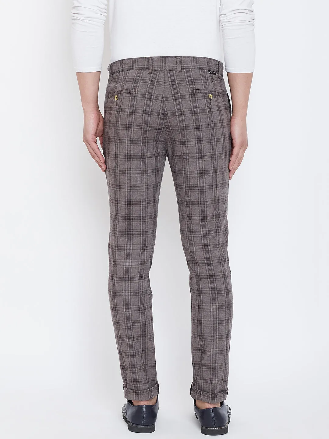 JUMP USA Men Grey Check Slim Fit Cotton Casual Trousers