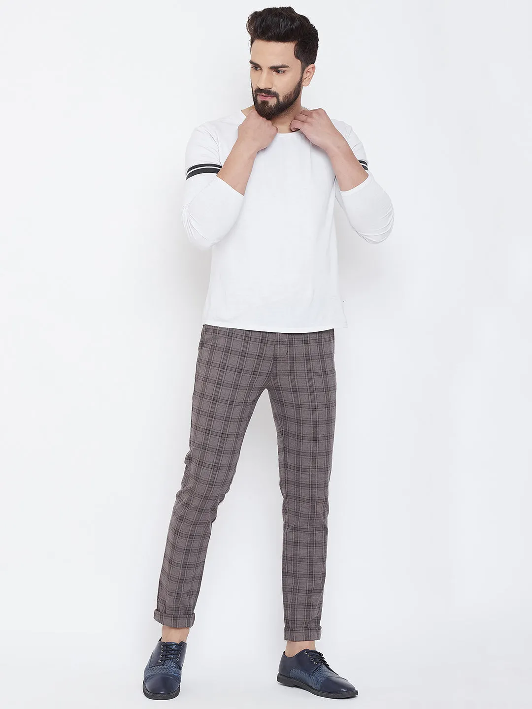 JUMP USA Men Grey Check Slim Fit Cotton Casual Trousers