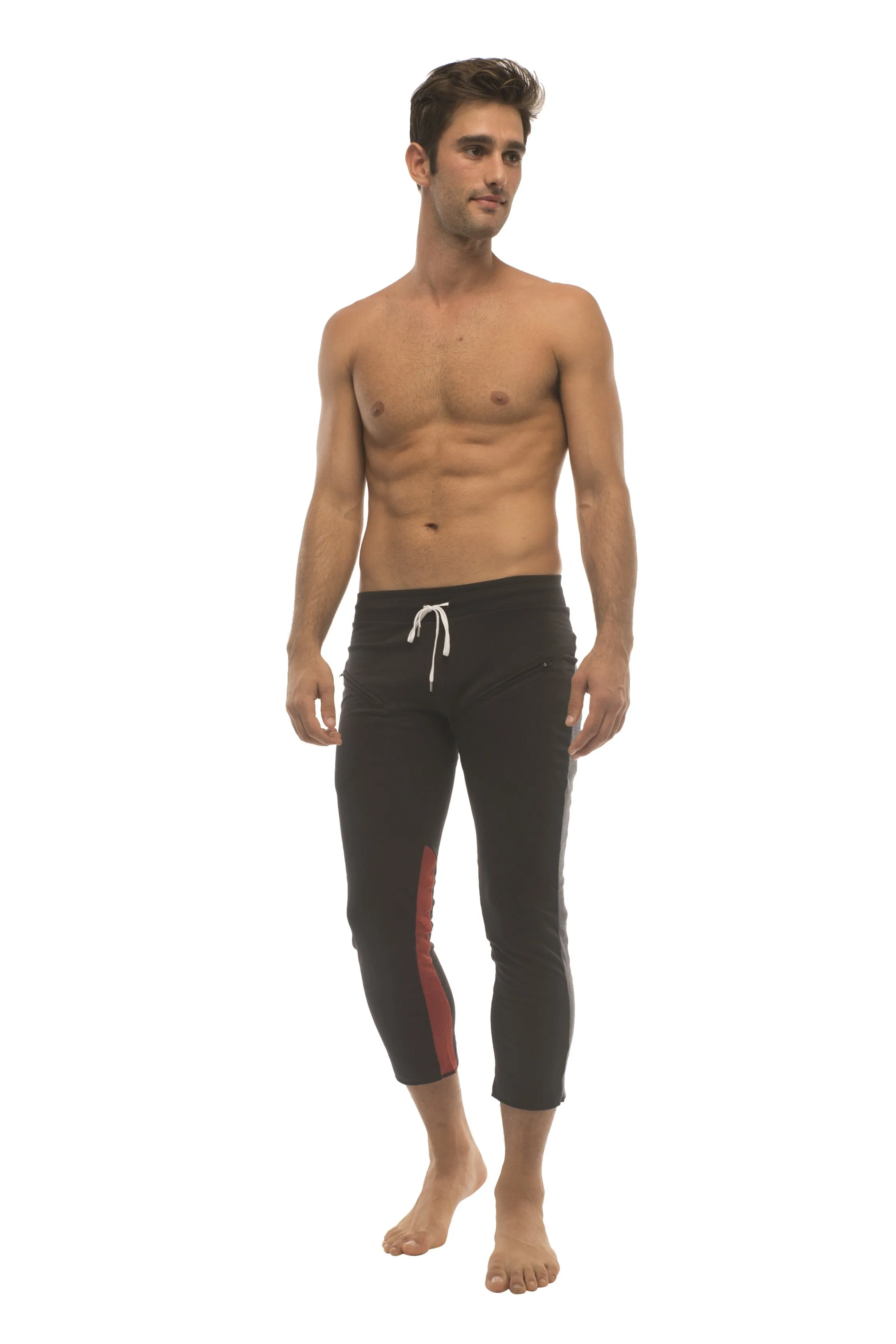 Mens 4/5 Zipper Pocket Capri Yoga Pants (Black w/Charcoal & Red)