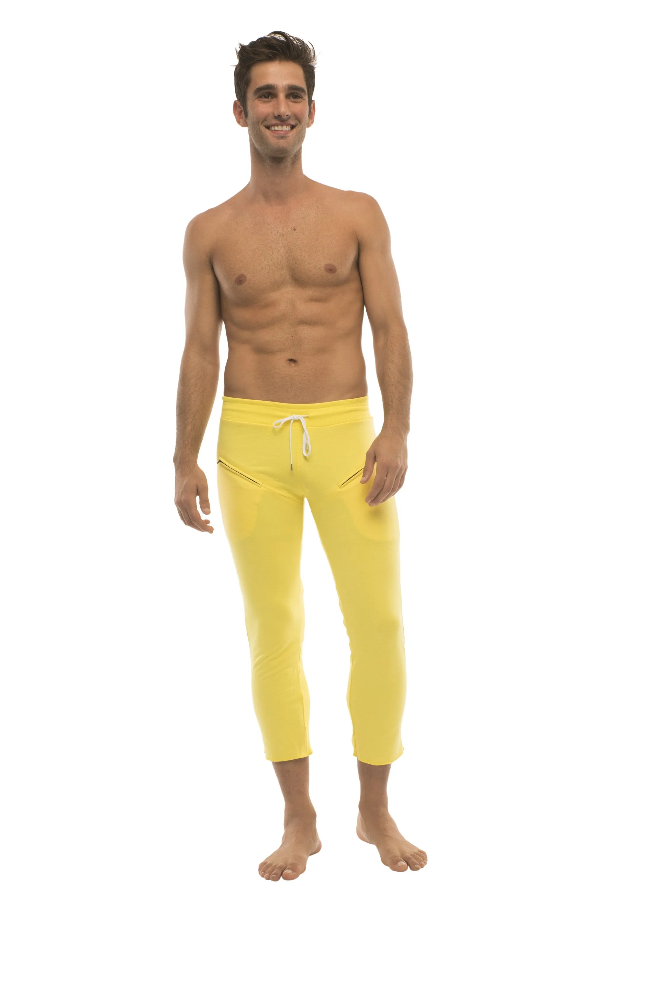 Mens 4/5 Zipper Pocket Capri Yoga Pants (Solid Yellow)