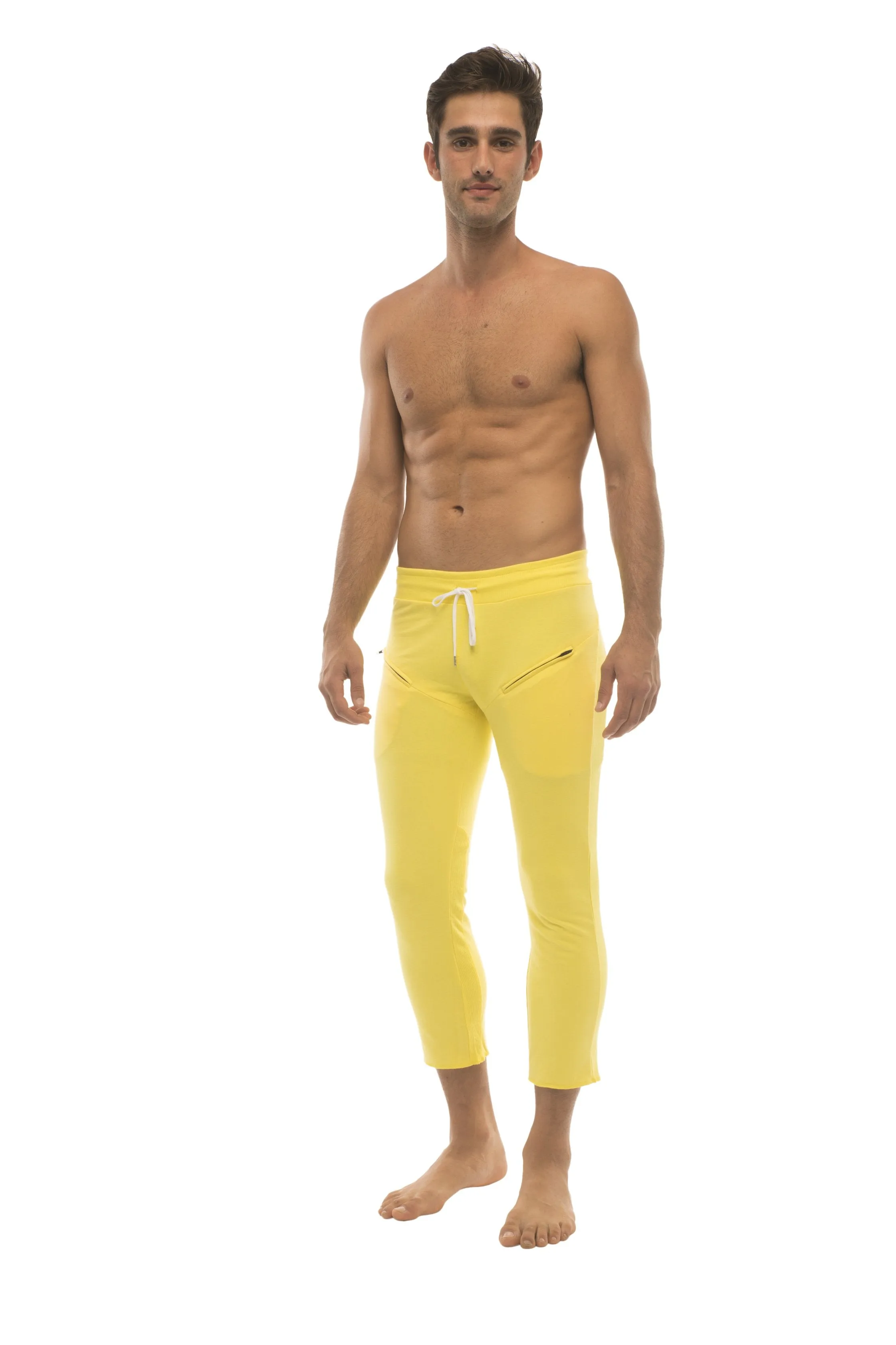 Mens 4/5 Zipper Pocket Capri Yoga Pants (Solid Yellow)