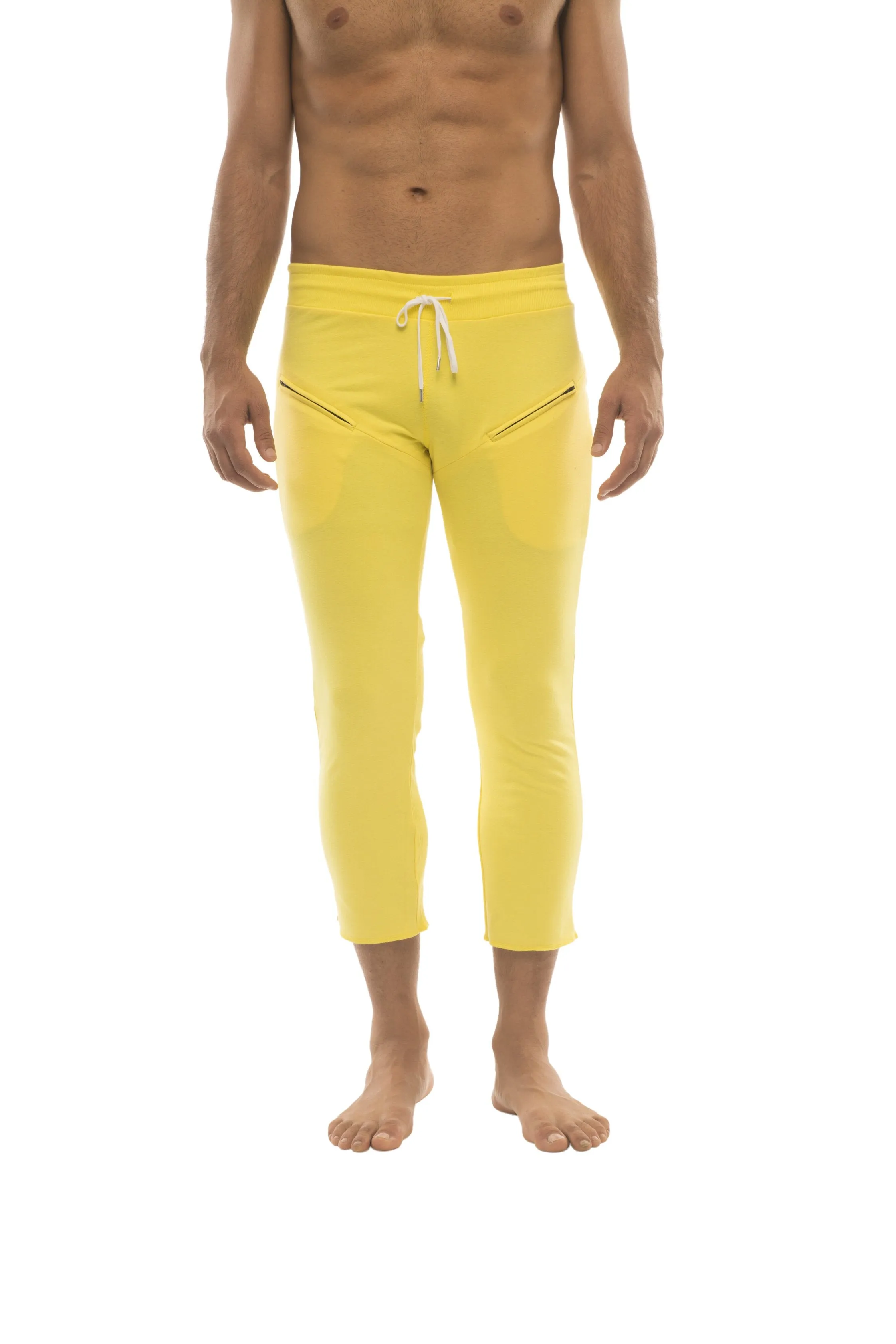 Mens 4/5 Zipper Pocket Capri Yoga Pants (Solid Yellow)