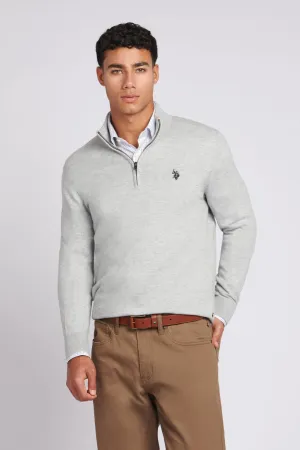 Mens Cotton Funnel Neck 1/4 Zip Knit in Mid Grey Marl