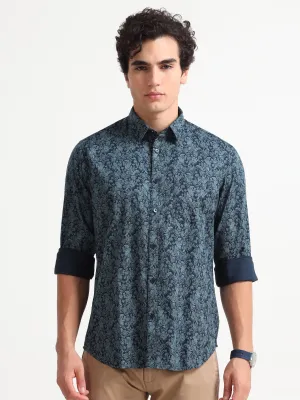 MEN'S TURQUOISE PRINT SLIM FIT SHIRT