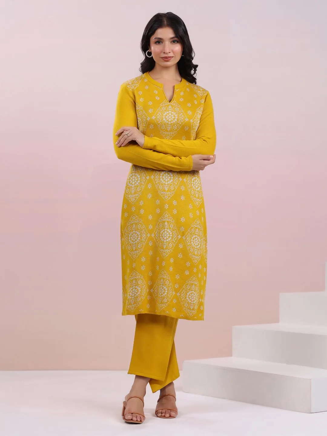 Mustard Woolen Ethnic Motifs Straight Winter Kurta Set