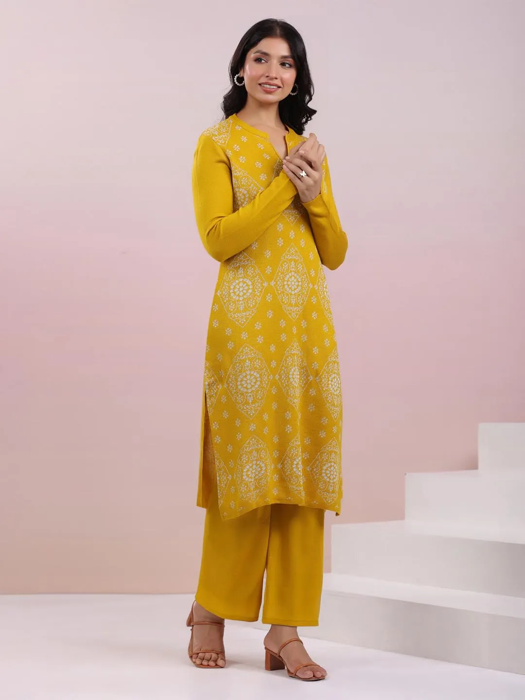 Mustard Woolen Ethnic Motifs Straight Winter Kurta Set