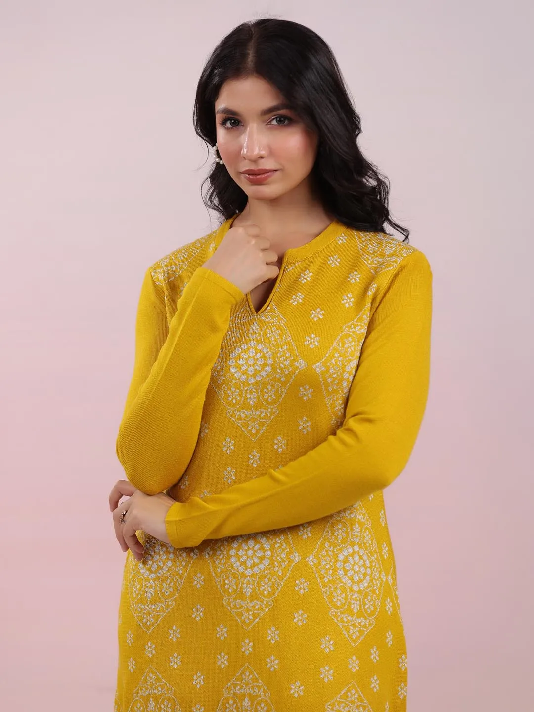 Mustard Woolen Ethnic Motifs Straight Winter Kurta Set