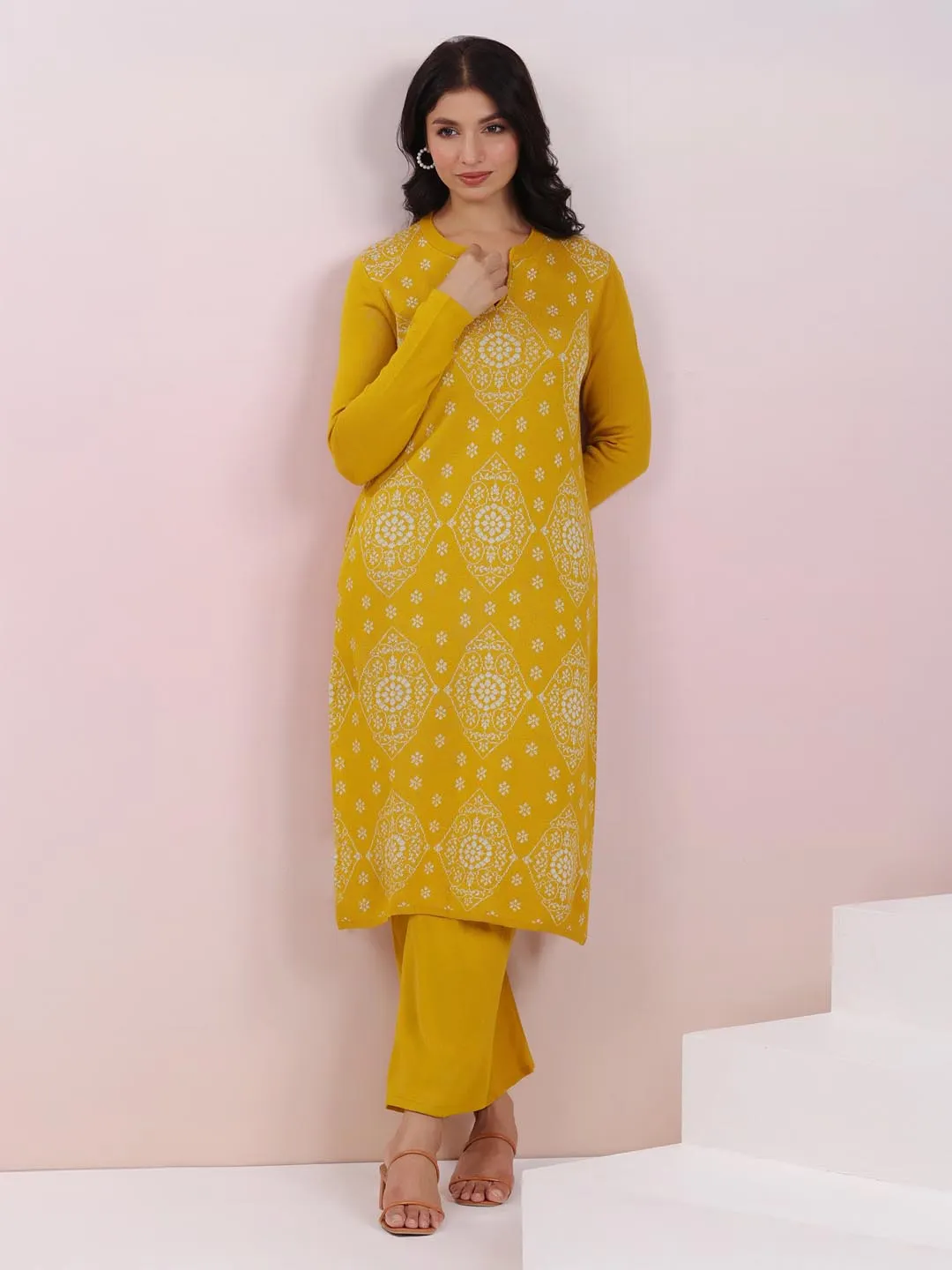 Mustard Woolen Ethnic Motifs Straight Winter Kurta Set