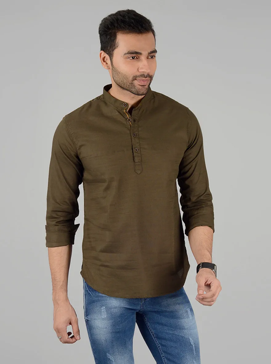 Olive Solid Slim Fit Short Kurta | Greenfibre