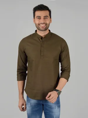 Olive Solid Slim Fit Short Kurta | Greenfibre