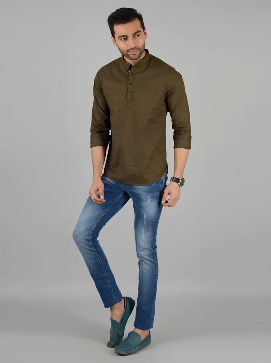 Olive Solid Slim Fit Short Kurta | Greenfibre