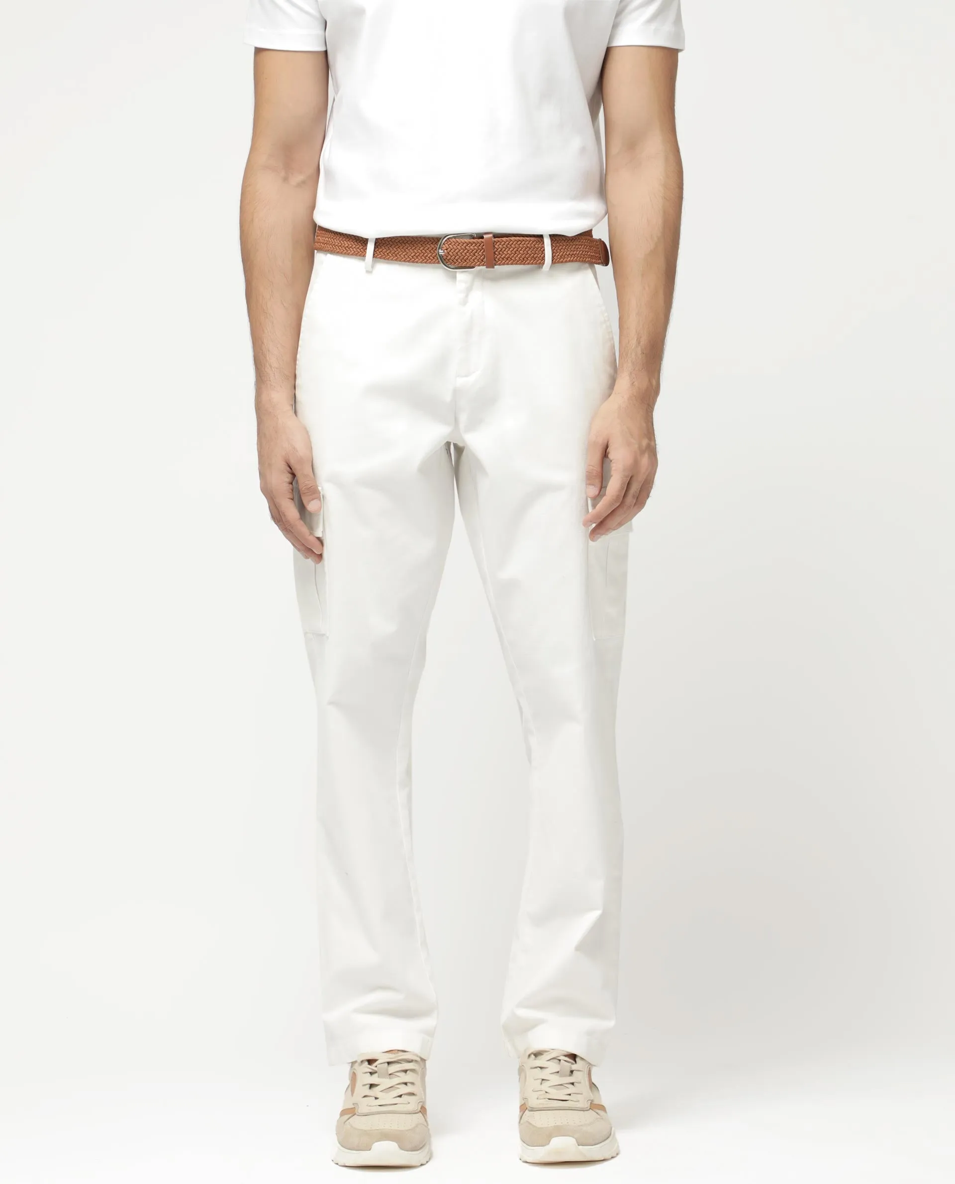 Rare Rabbit Mens Apex Light White Cotton Linen Solid Cargo Style Regular Fit Trouser