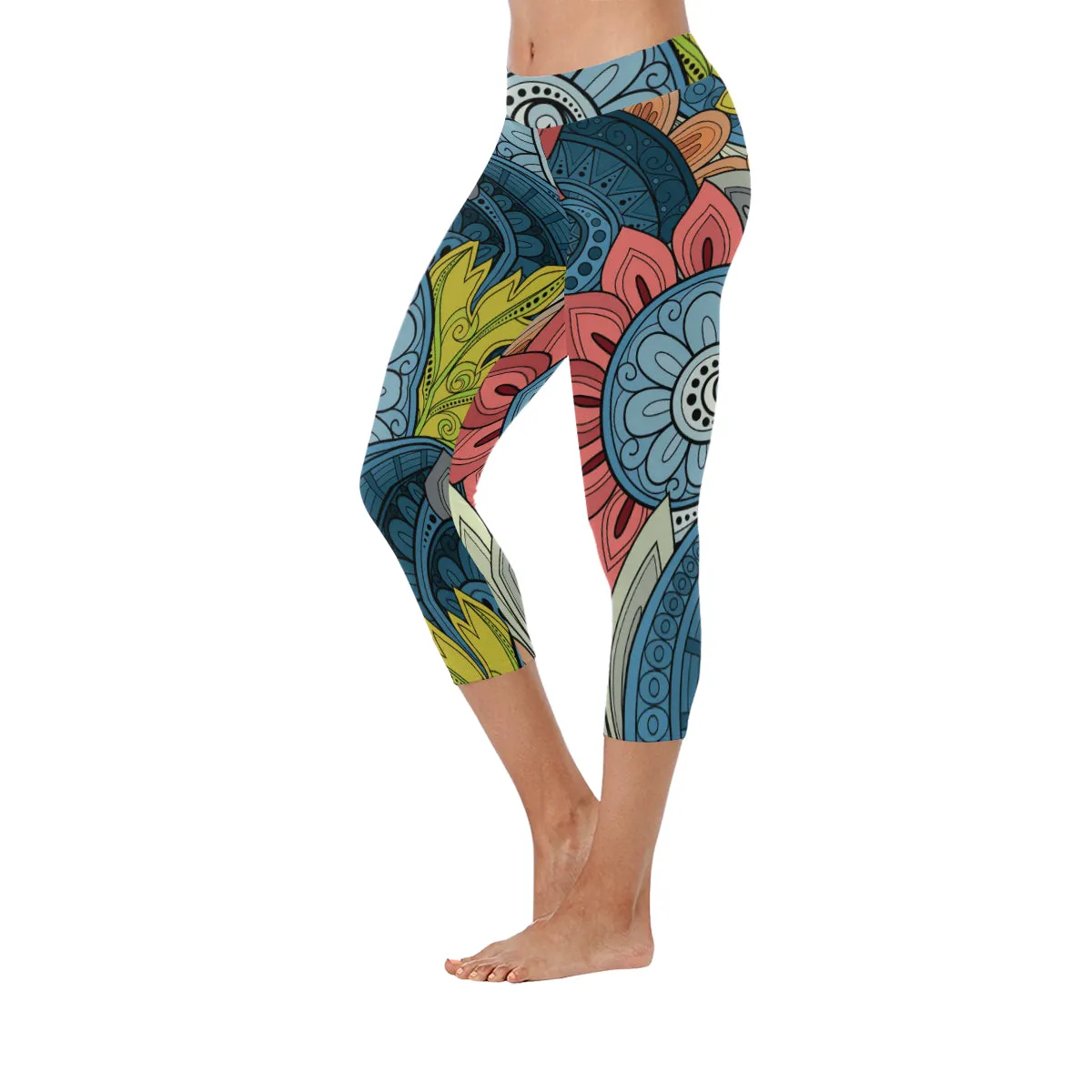 Seamless Floral Pattern Paisley Garden Style Women's Low Rise Capri Leggings (Invisible Stitch)