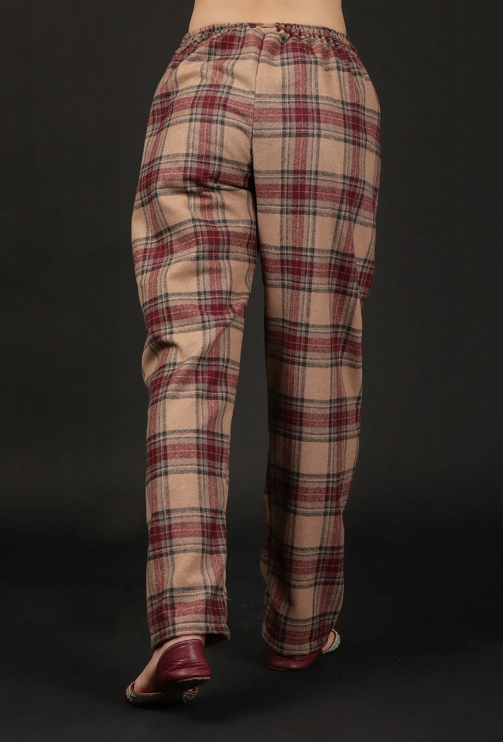 Set Of 2: Chestnut Brown Woven Tartan Checks Phiran Kurta & Straight Pants