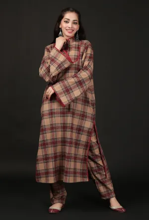 Set Of 2: Chestnut Brown Woven Tartan Checks Phiran Kurta & Straight Pants