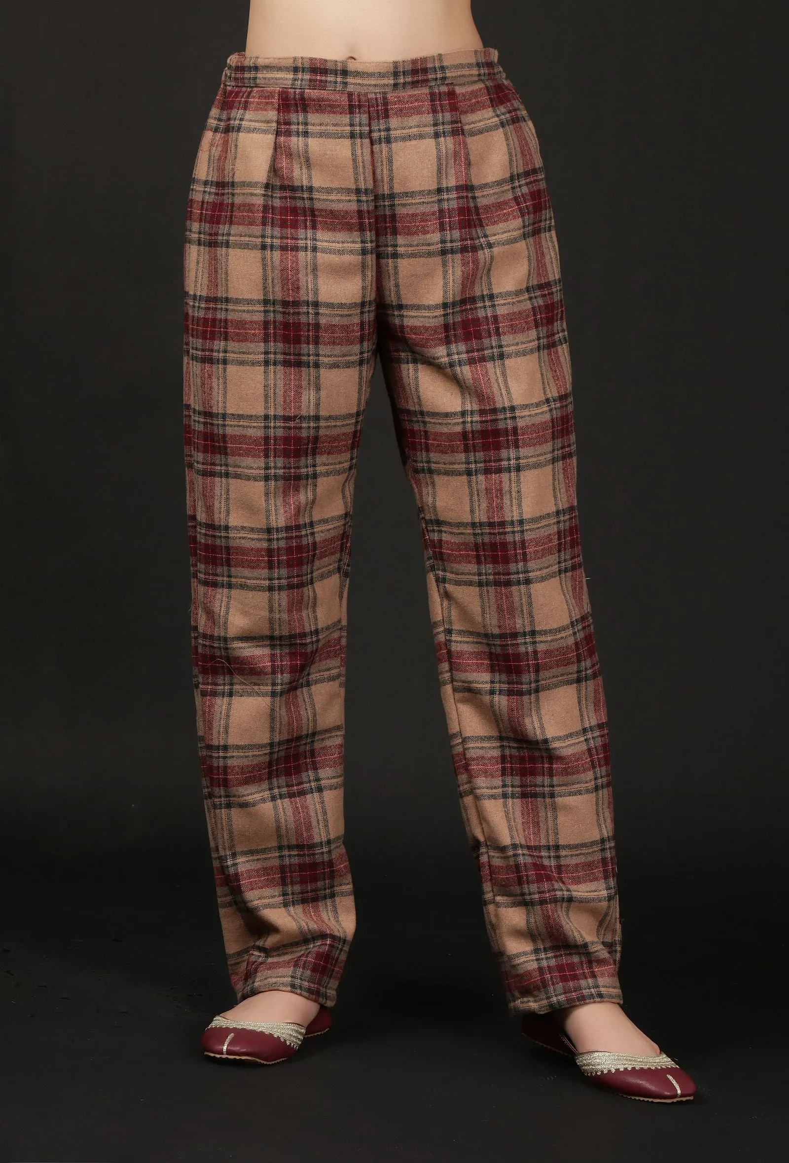 Set Of 2: Chestnut Brown Woven Tartan Checks Phiran Kurta & Straight Pants